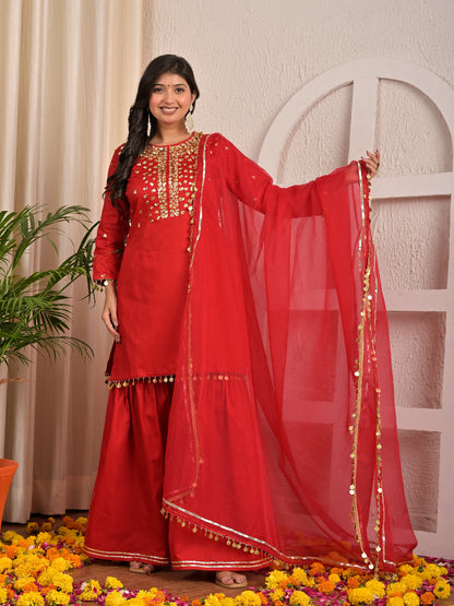 Sequence hand work Red sharara set with organza dupatta