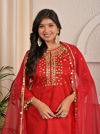 Sequence hand work Red sharara set with organza dupatta