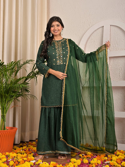 Sequence hand work Bottle Green sharara set with organza dupatta