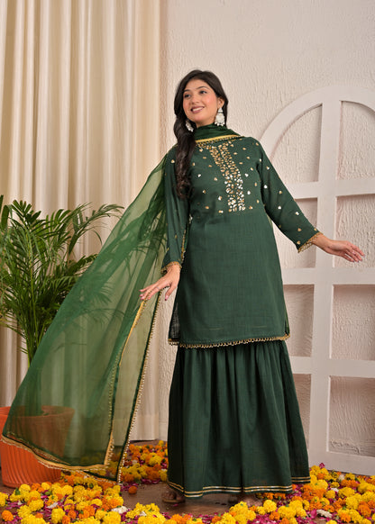 Sequence hand work Bottle Green sharara set with organza dupatta