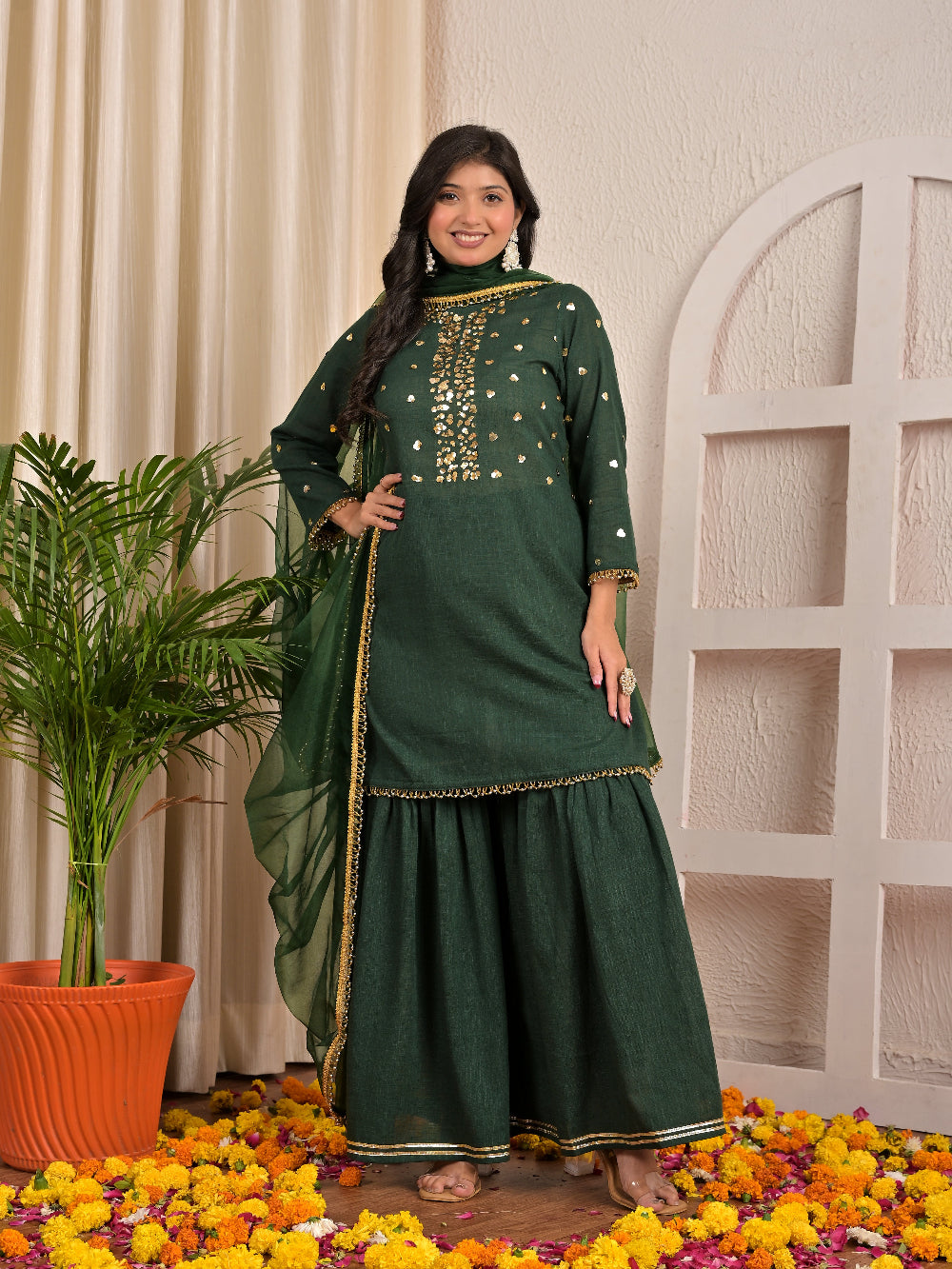 Sequence hand work Bottle Green sharara set with organza dupatta