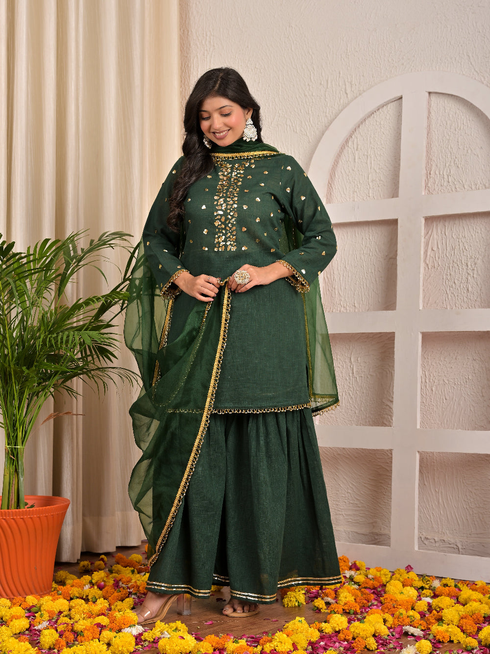 Sequence hand work Bottle Green sharara set with organza dupatta
