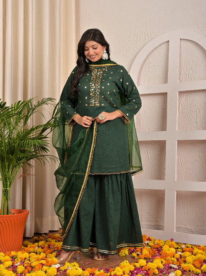 Sequence hand work Bottle Green sharara set with organza dupatta