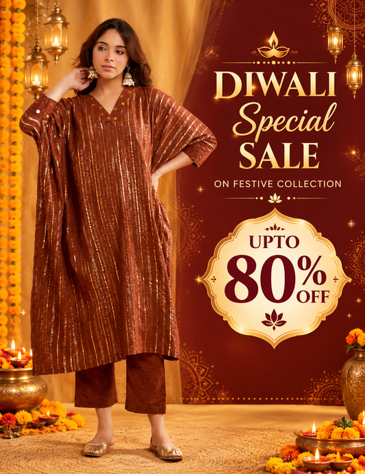 Brown Lurex Kaftan And Pant With Sequence Neckline
