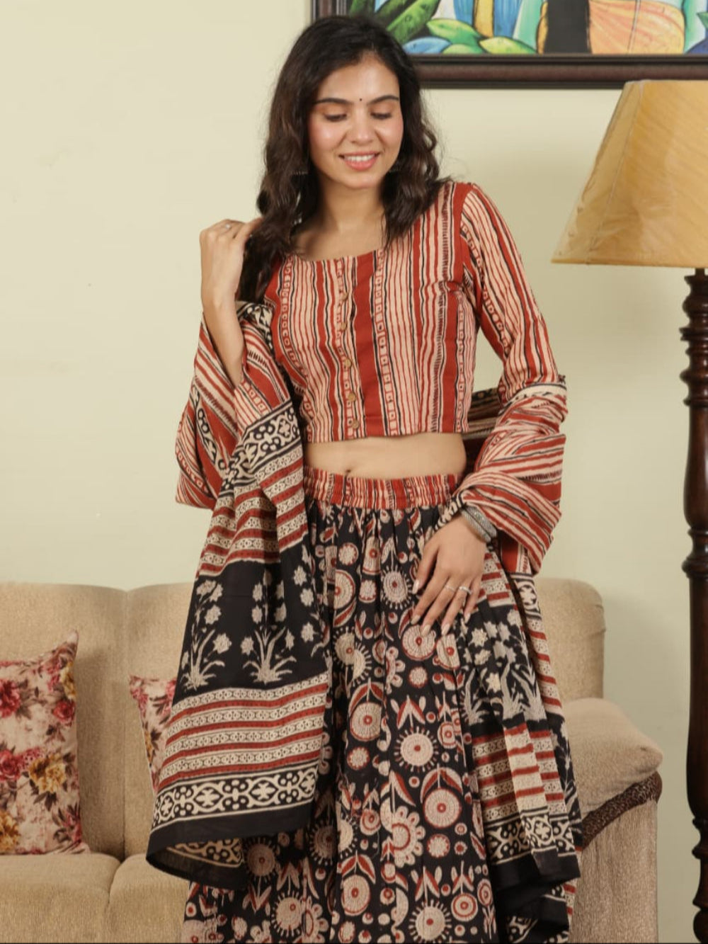 Hand Block Printed Pure Cotton Skirt top and mulmul dupatta