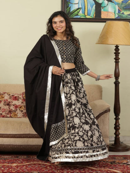 Hand Block Printed Pure Cotton Skirt top and mulmul dupatta