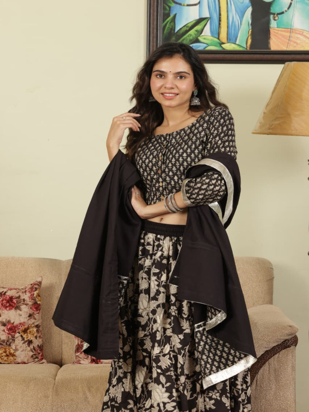 Hand Block Printed Pure Cotton Skirt top and mulmul dupatta