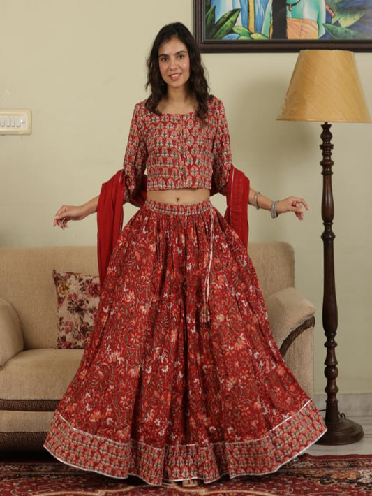 Hand Block Printed Pure Cotton Skirt top and mulmul dupatta