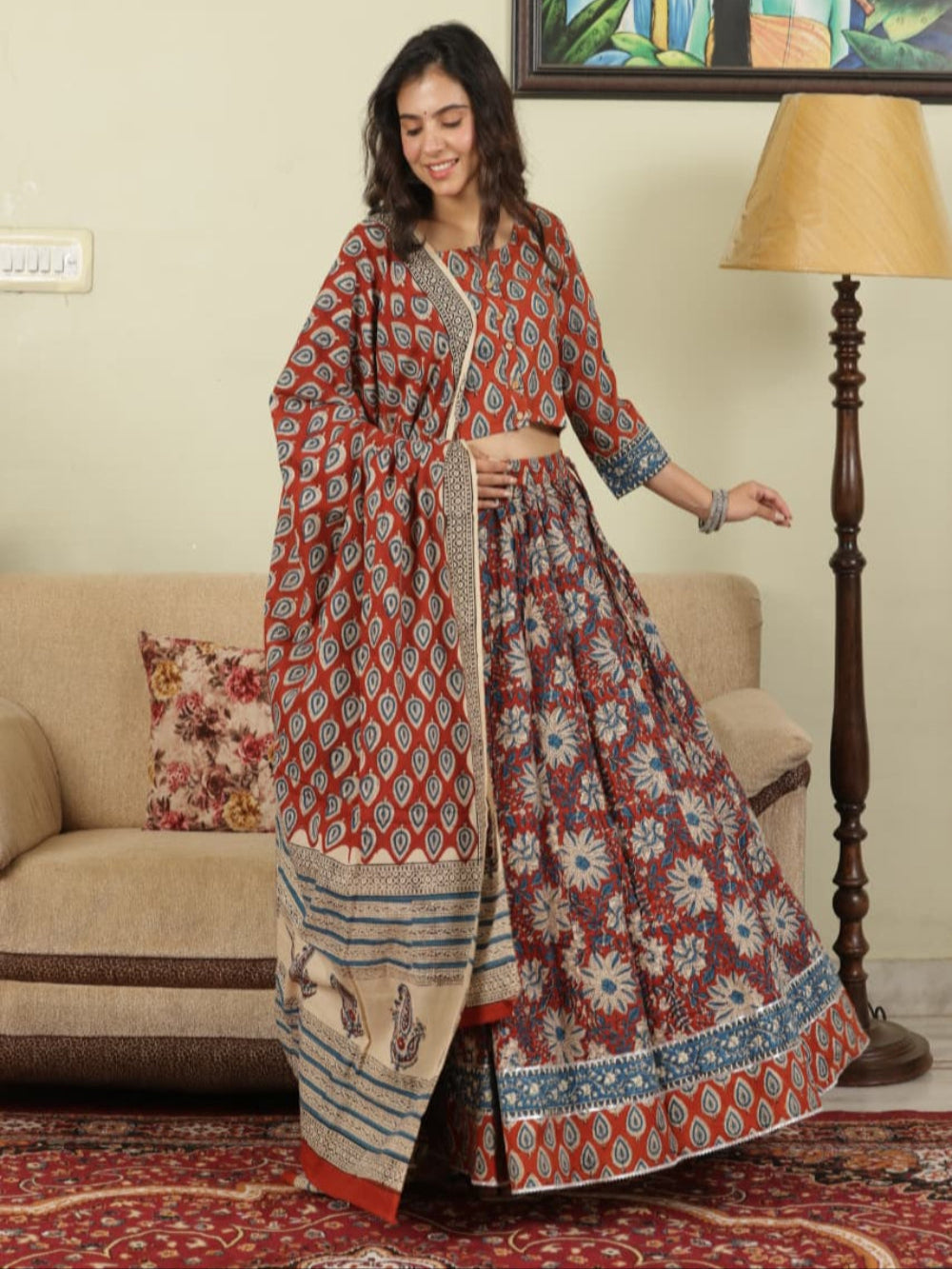 Hand Block Printed Pure Cotton Skirt top and mulmul dupatta