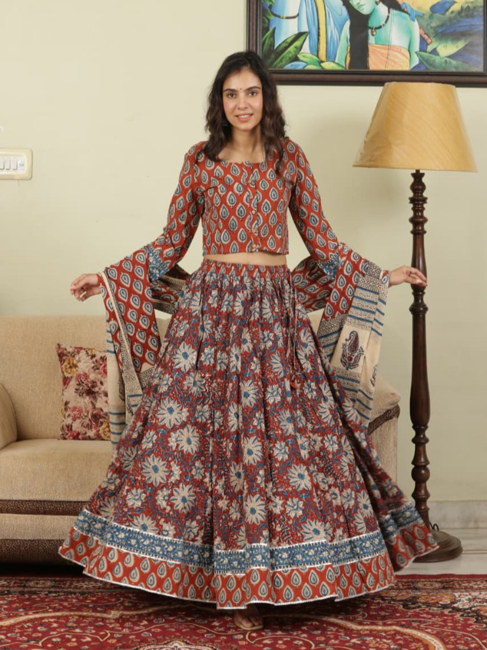 Hand Block Printed Pure Cotton Skirt top and mulmul dupatta