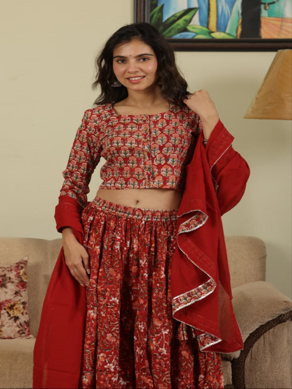 Hand Block Printed Pure Cotton Skirt top and mulmul dupatta