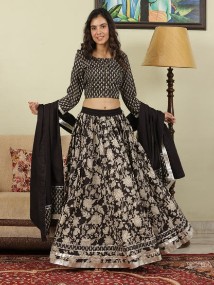 Hand Block Printed Pure Cotton Skirt top and mulmul dupatta