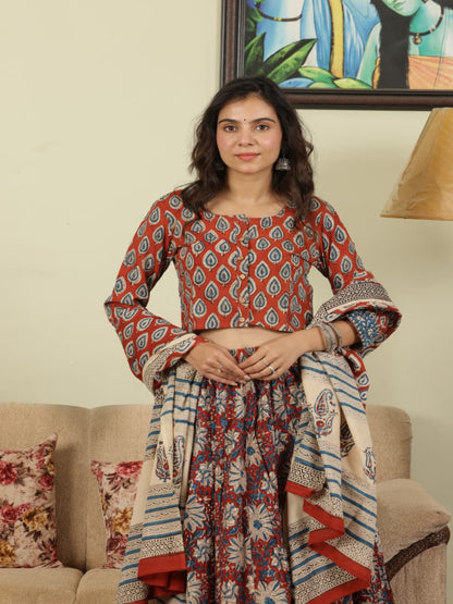 Hand Block Printed Pure Cotton Skirt top and mulmul dupatta