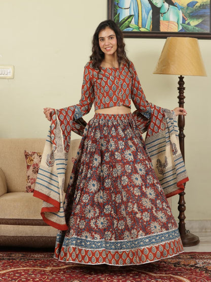 Hand Block Printed Pure Cotton Skirt top and mulmul dupatta