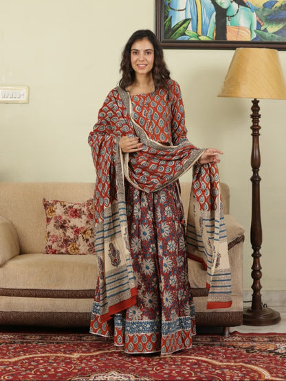 Hand Block Printed Pure Cotton Skirt top and mulmul dupatta