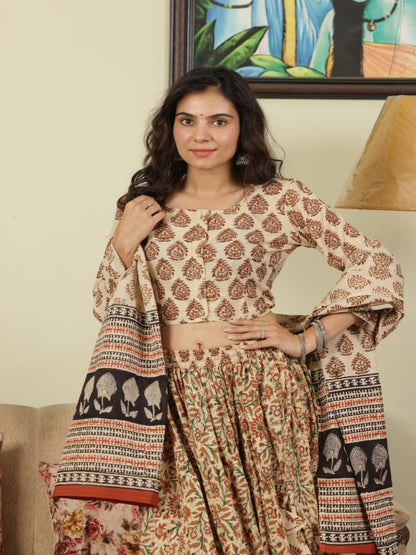 Hand Block Printed Pure Cotton Skirt top and mulmul dupatta