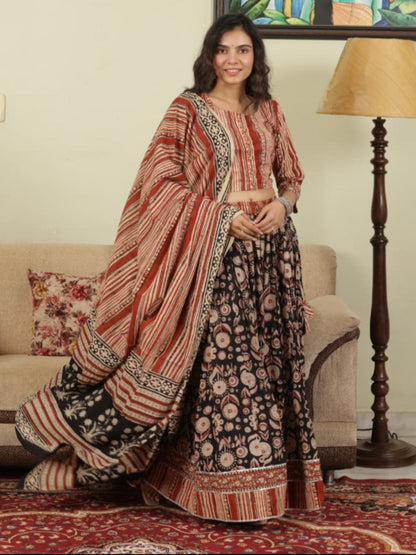 Hand Block Printed Pure Cotton Skirt top and mulmul dupatta