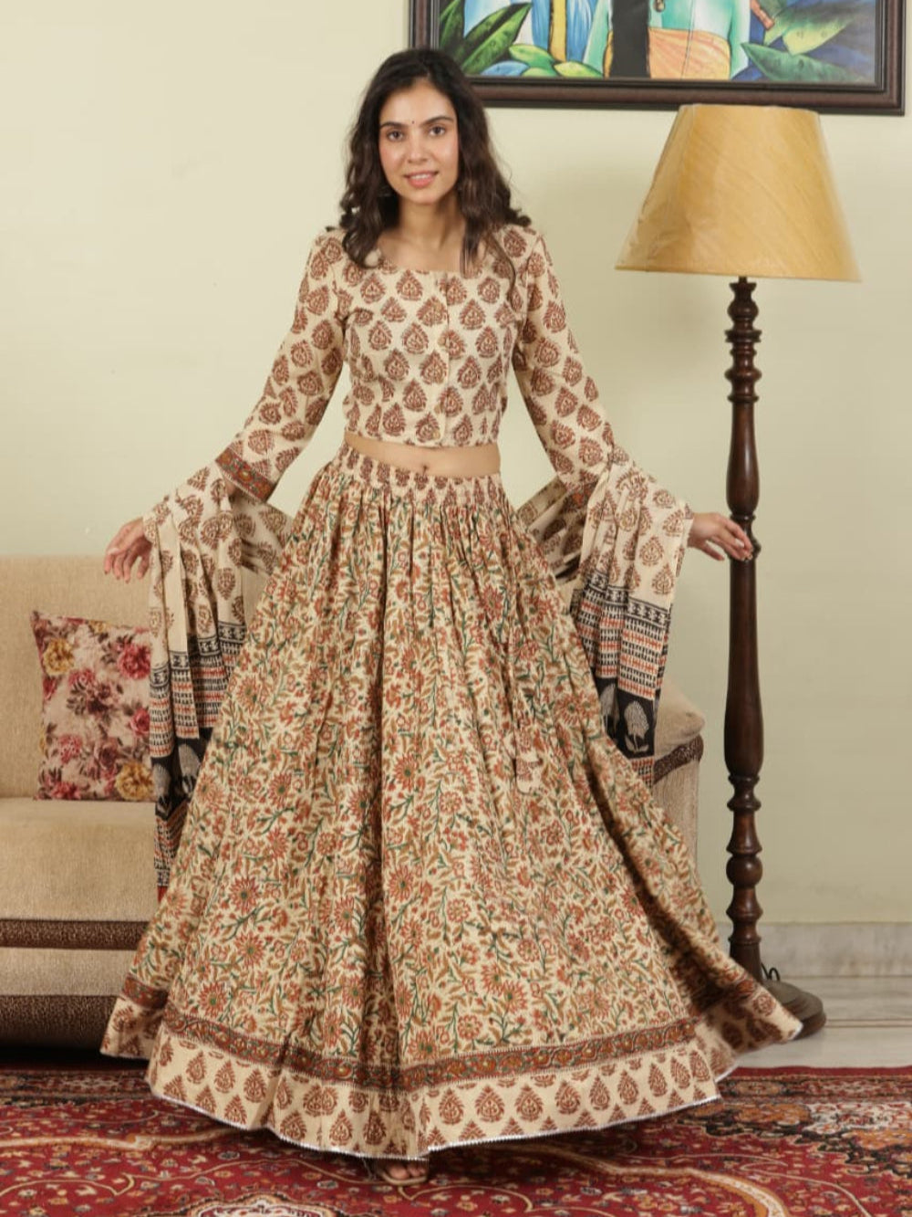 Hand Block Printed Pure Cotton Skirt top and mulmul dupatta