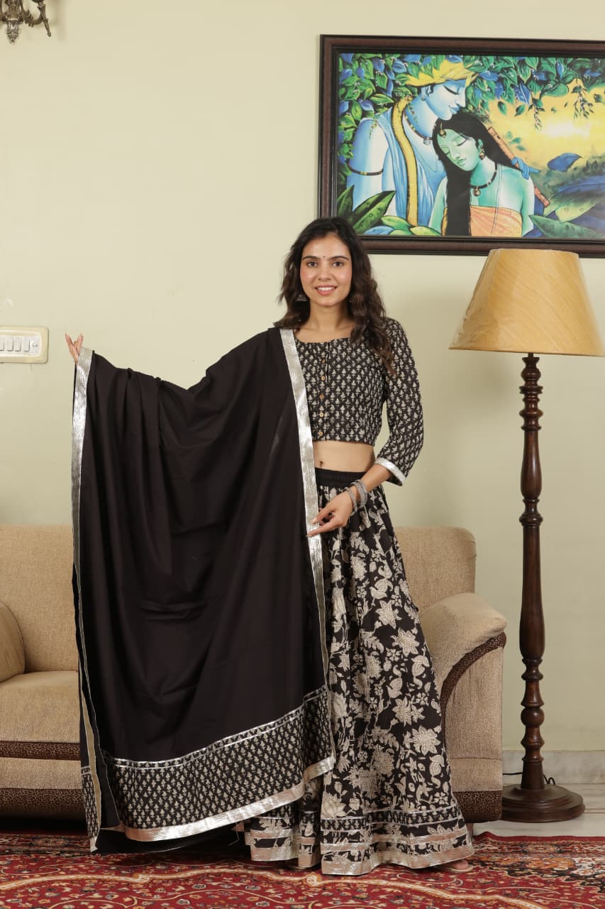 Hand Block Printed Pure Cotton Skirt top and mulmul dupatta