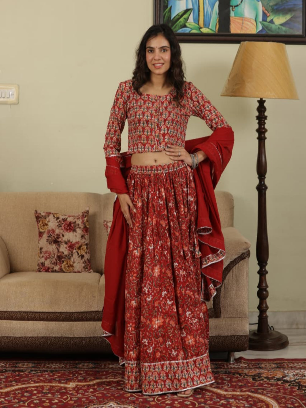 Hand Block Printed Pure Cotton Skirt top and mulmul dupatta