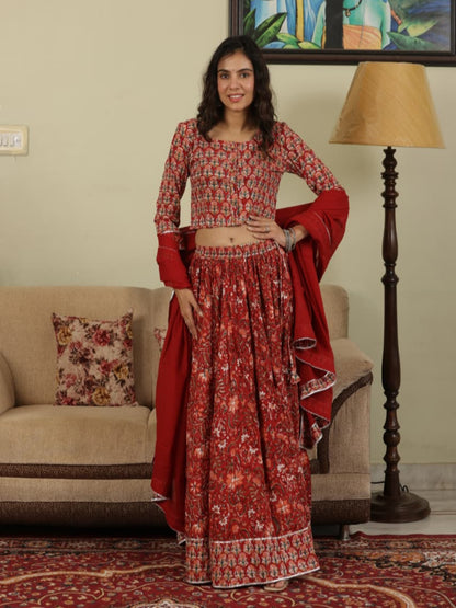 Hand Block Printed Pure Cotton Skirt top and mulmul dupatta