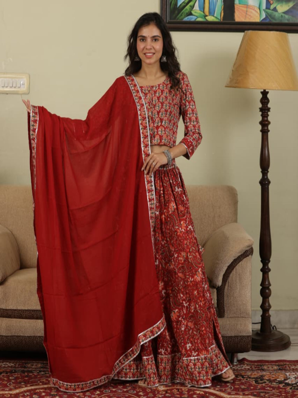 Hand Block Printed Pure Cotton Skirt top and mulmul dupatta