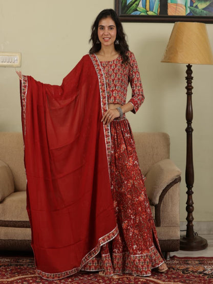 Hand Block Printed Pure Cotton Skirt top and mulmul dupatta