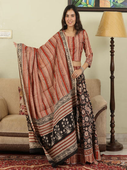 Hand Block Printed Pure Cotton Skirt top and mulmul dupatta