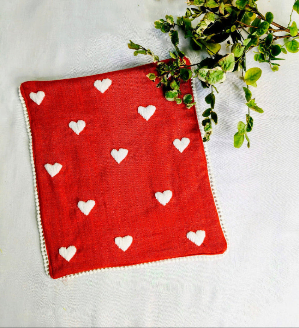 HAND EMBROIDERY COTTON LINEN RED POUCH
