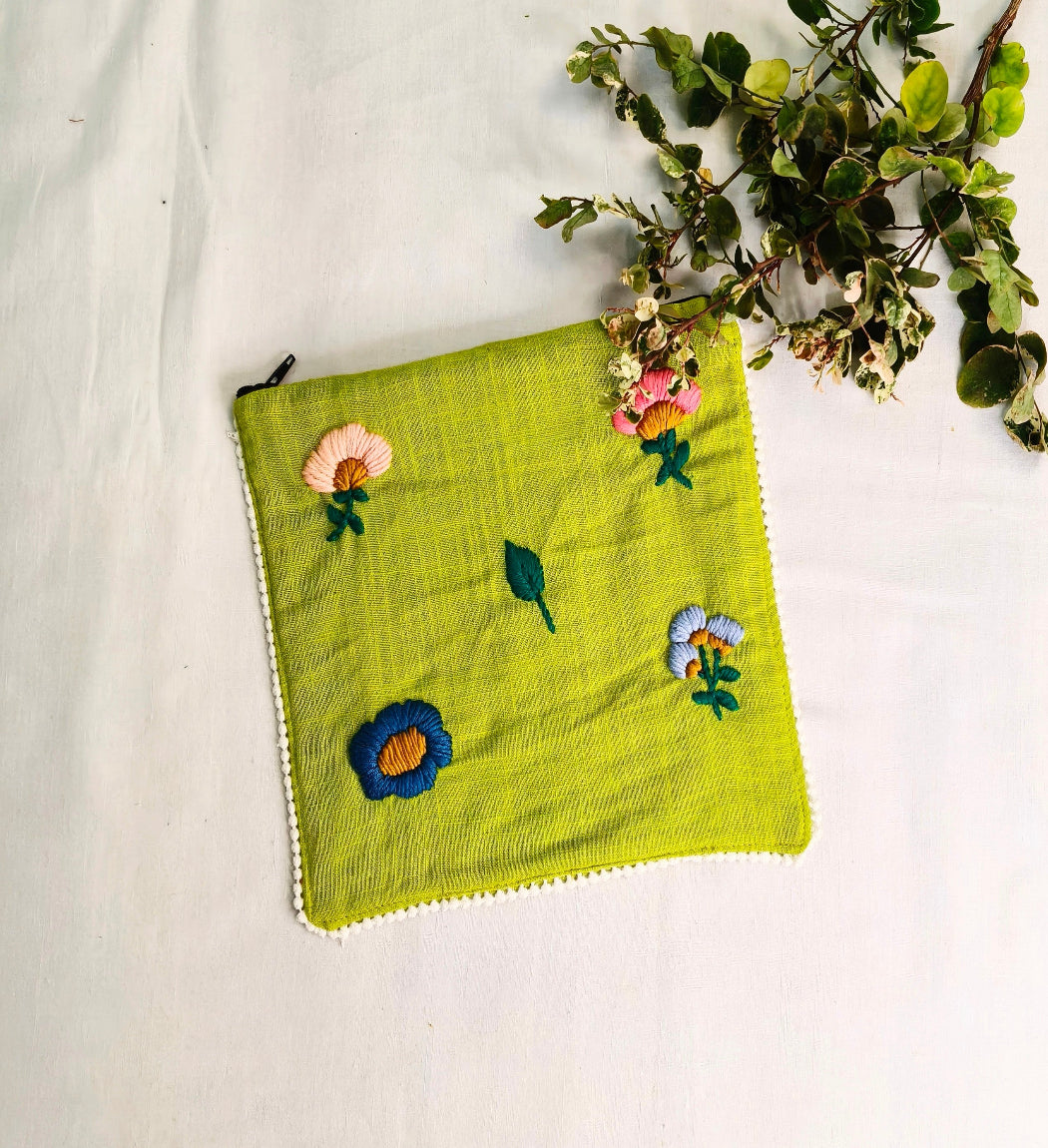HAND EMBROIDERY COTTON LINEN PARROT GREEN POUCH