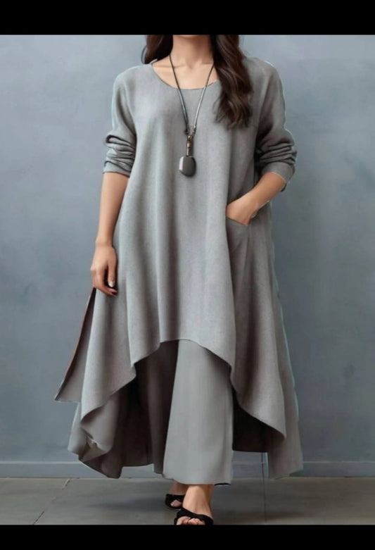 Steel Grey Cotton Linen Kurta Set