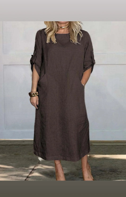 Coffee Cotton Linen Dress