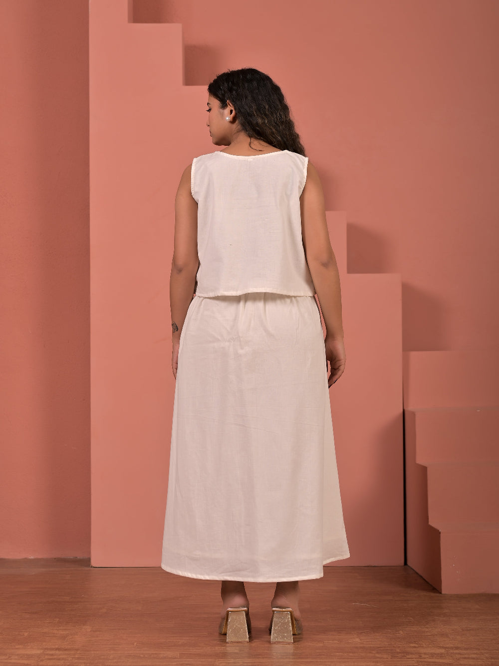 White  pure cotton  hand embroidery top and skirt set