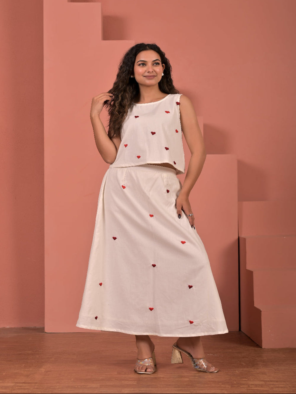 White  pure cotton  hand embroidery top and skirt set