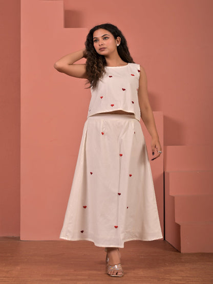 White  pure cotton  hand embroidery top and skirt set