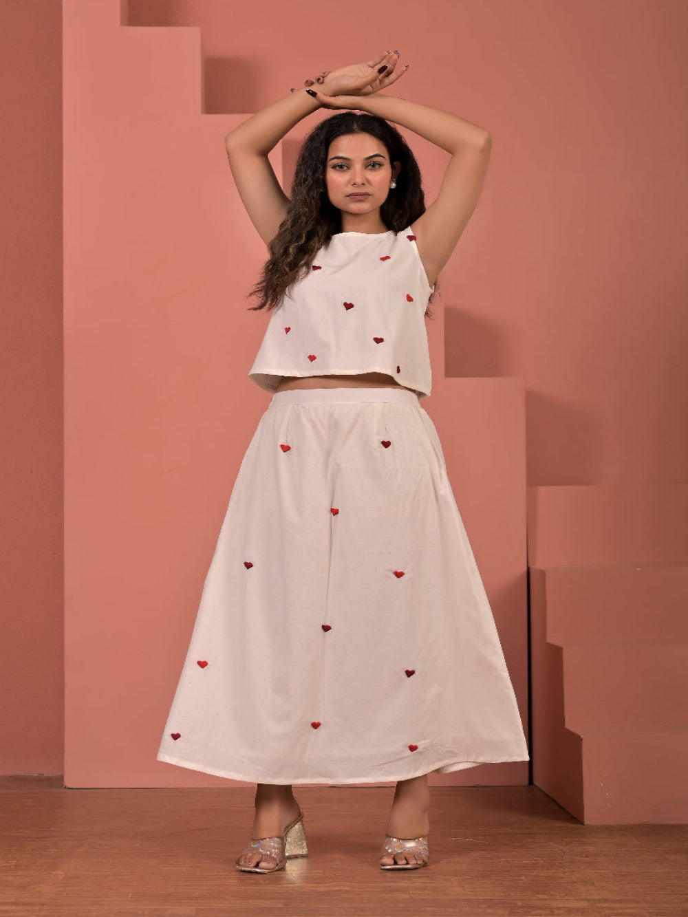 White  pure cotton  hand embroidery top and skirt set