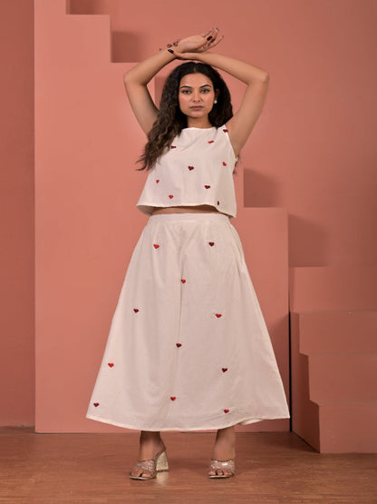 White  pure cotton  hand embroidery top and skirt set