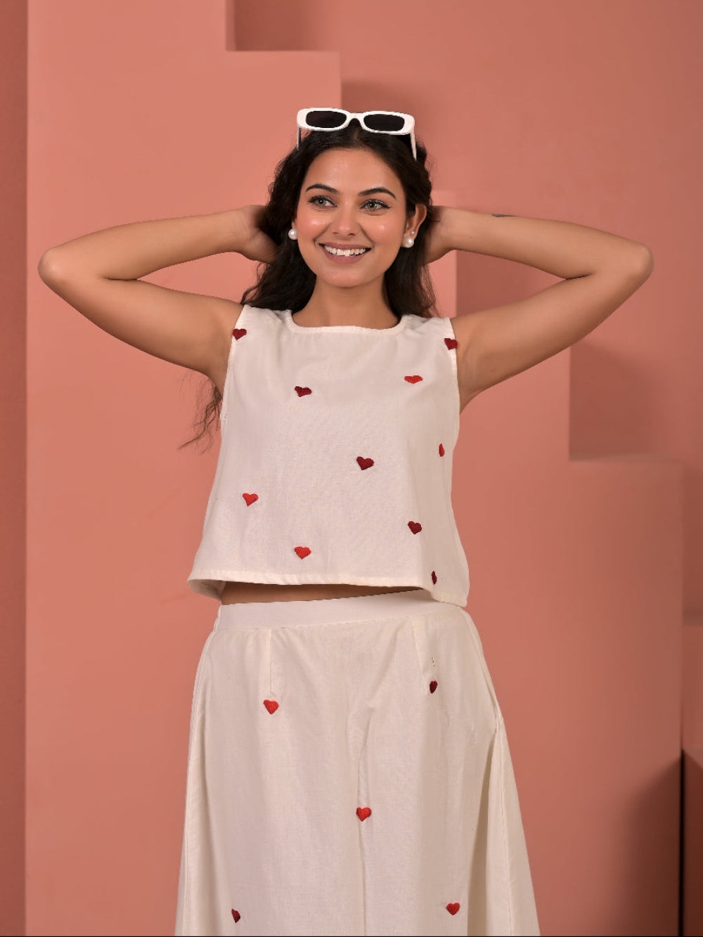 White  pure cotton  hand embroidery top and skirt set