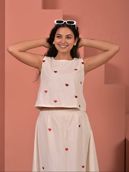 White  pure cotton  hand embroidery top and skirt set