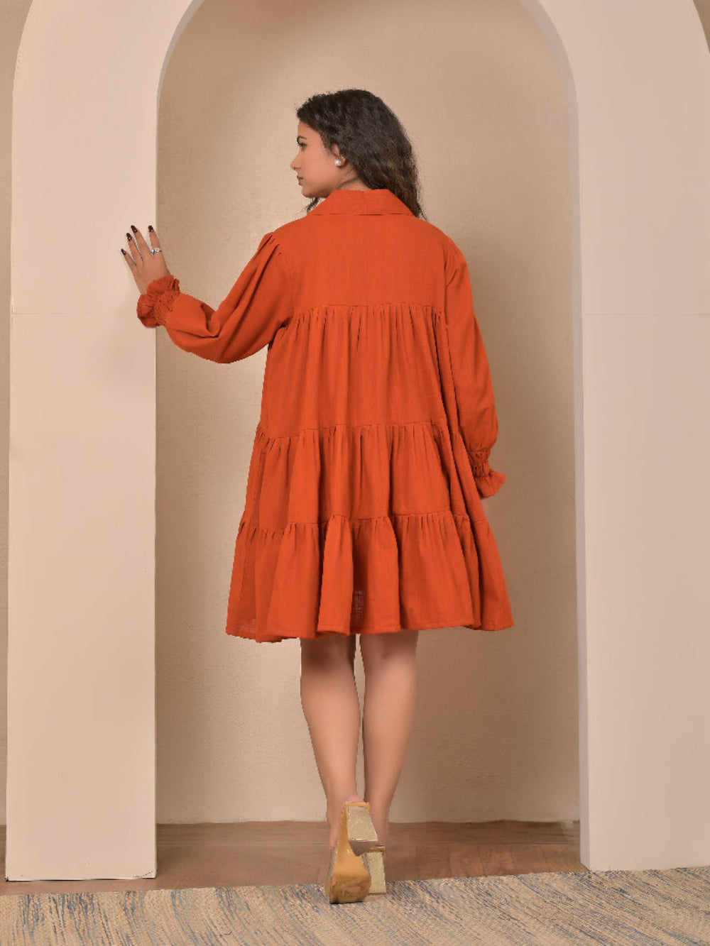 Cotton Linen Rust Brown gather   dress