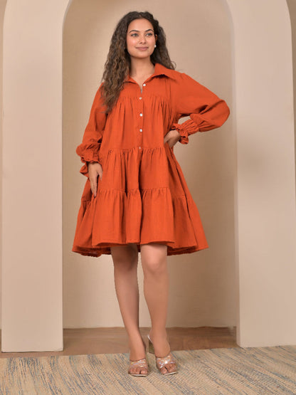 Cotton Linen Rust Brown gather   dress