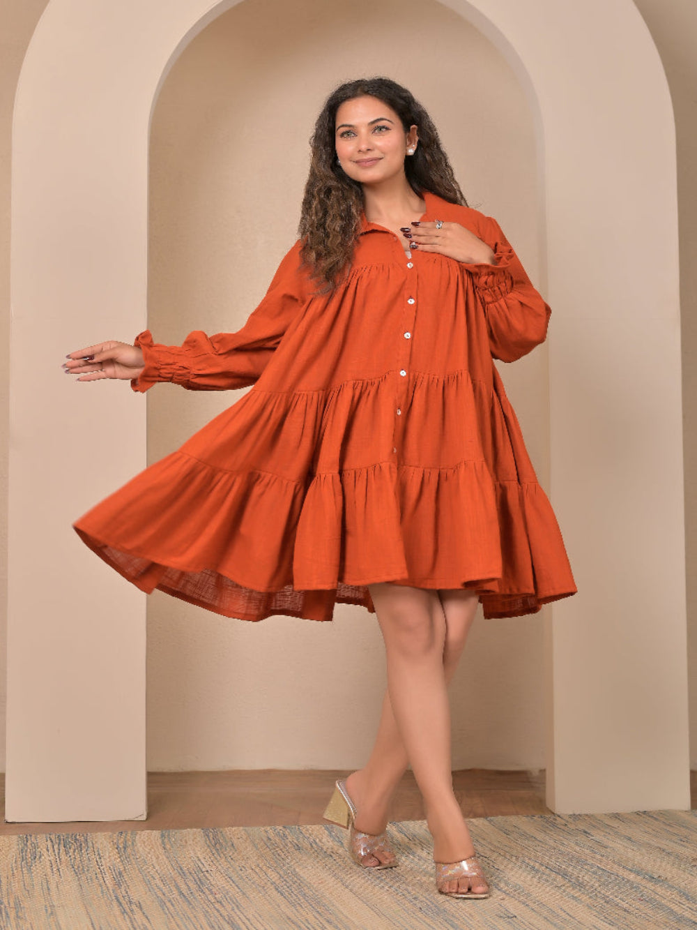 Cotton Linen Rust Brown gather   dress