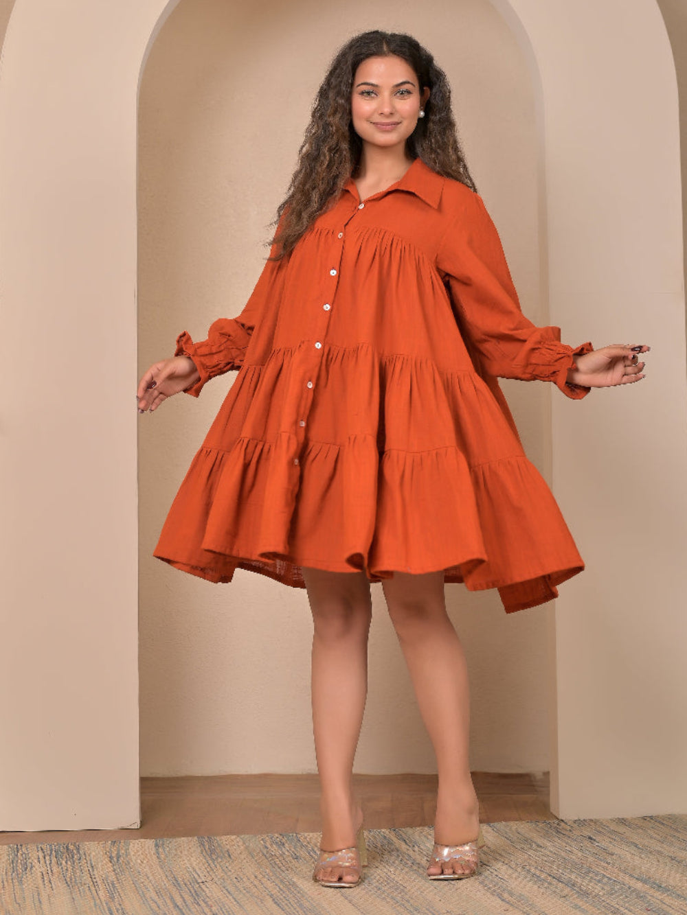 Cotton Linen Rust Brown gather   dress