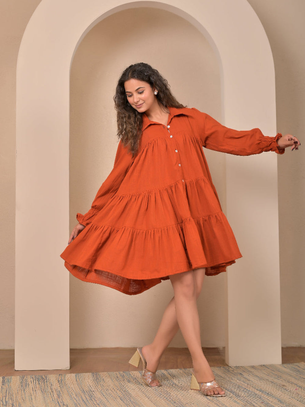 Cotton Linen Rust Brown gather   dress
