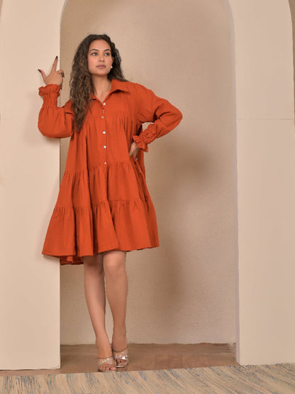 Cotton Linen Rust Brown gather   dress
