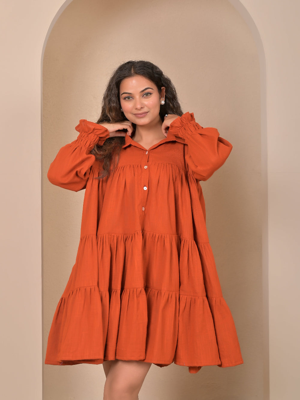 Cotton Linen Rust Brown gather   dress