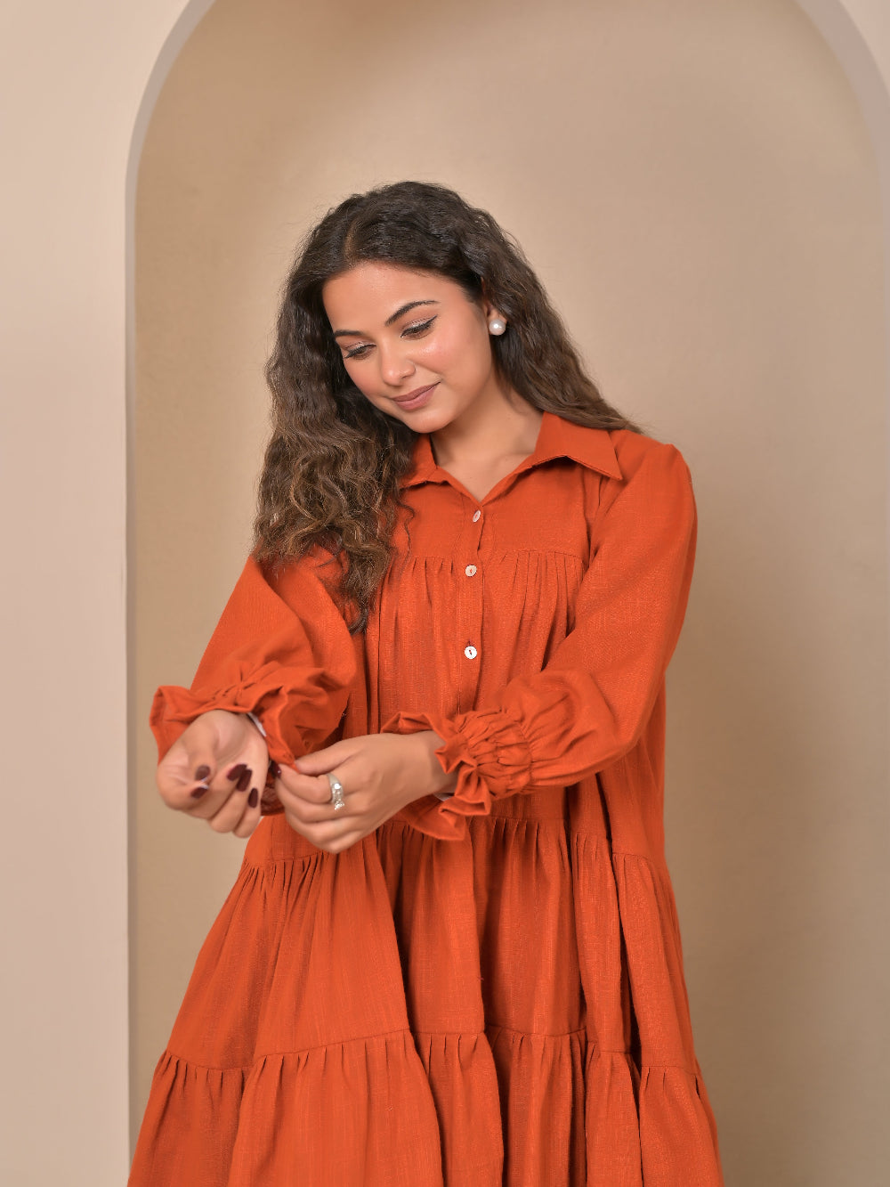 Cotton Linen Rust Brown gather   dress