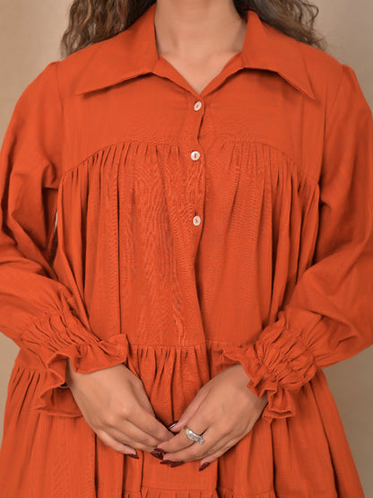 Cotton Linen Rust Brown gather   dress