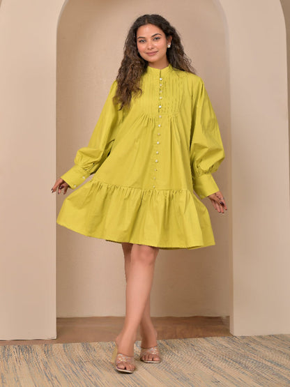 Cotton Poplin Lime Green Pintuck dress