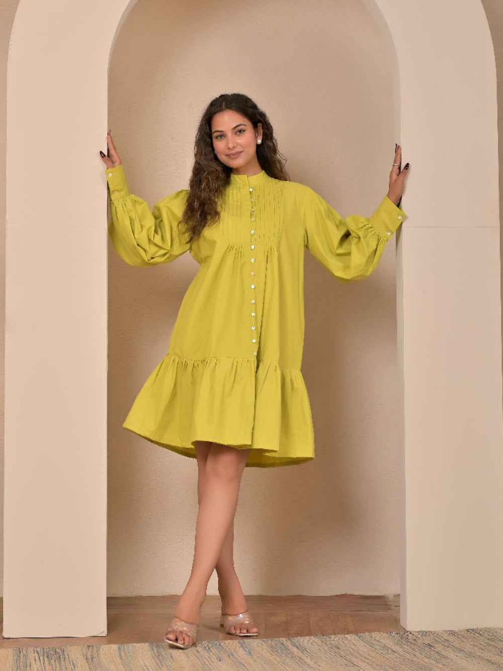 Cotton Poplin Lime Green Pintuck dress